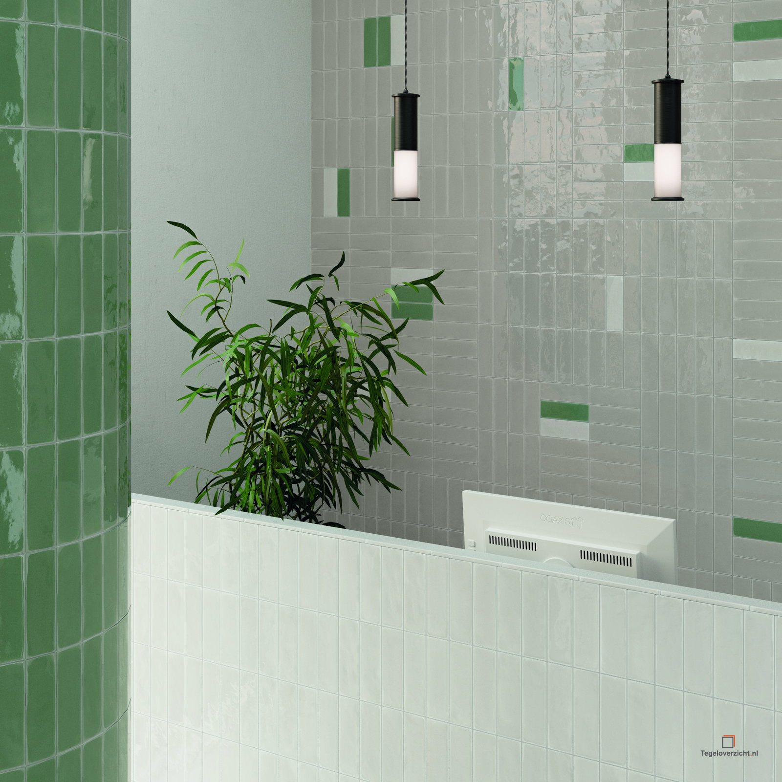 Groene handgevormde wandtegels in badkamer met planten
