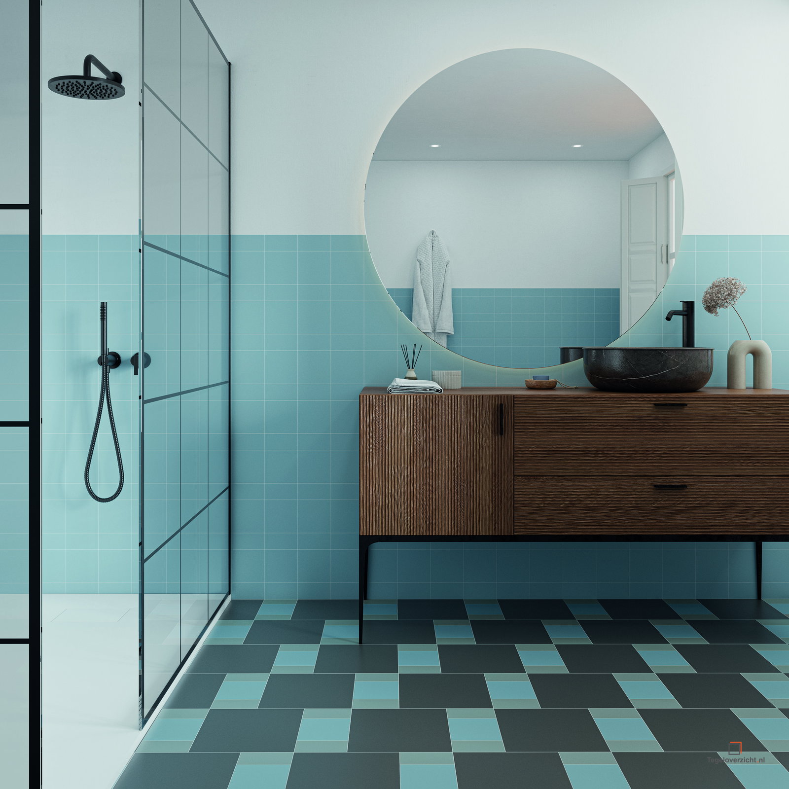 Turquoise tegels met warme houttonen