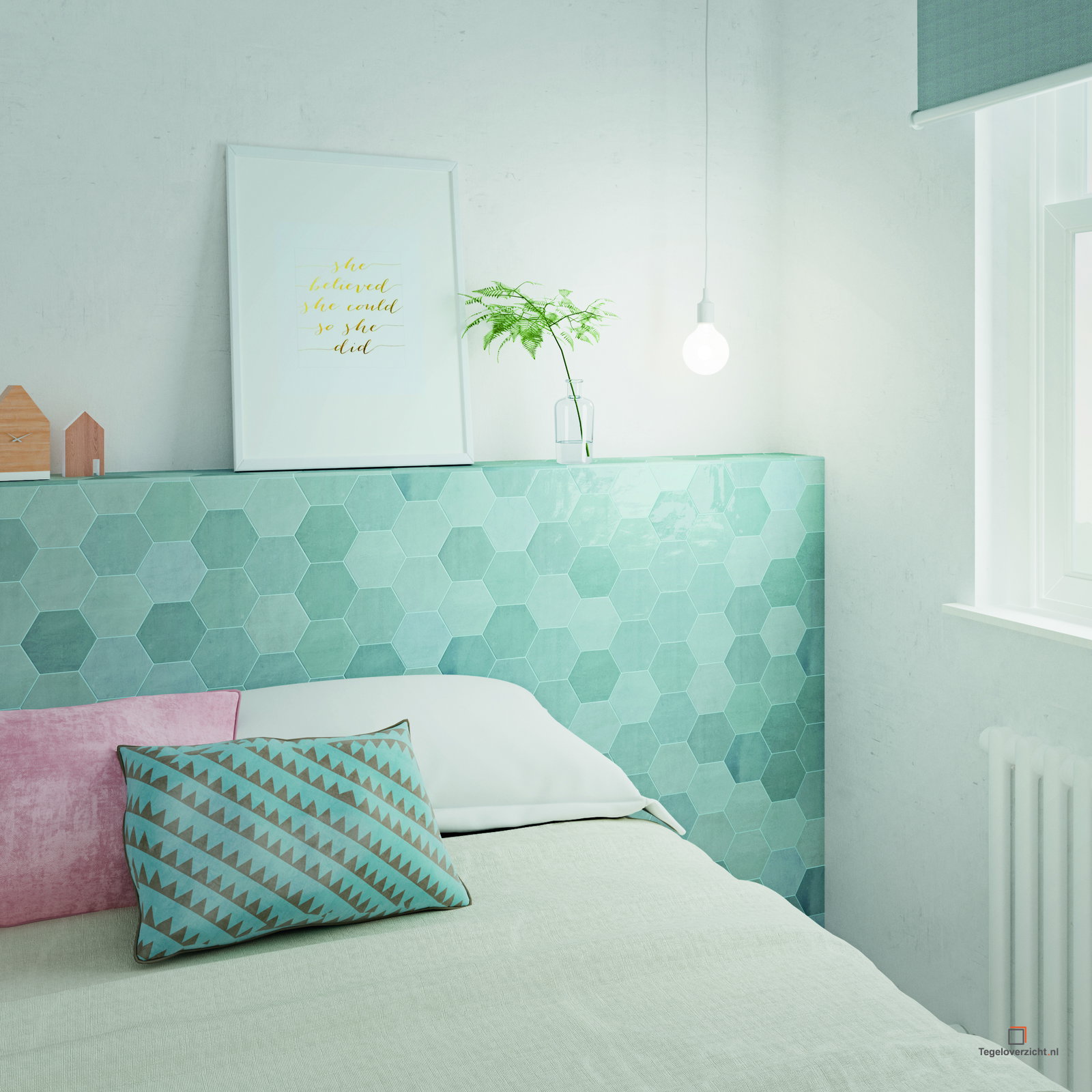 Mintgroene hexagontegels in slaapkamer