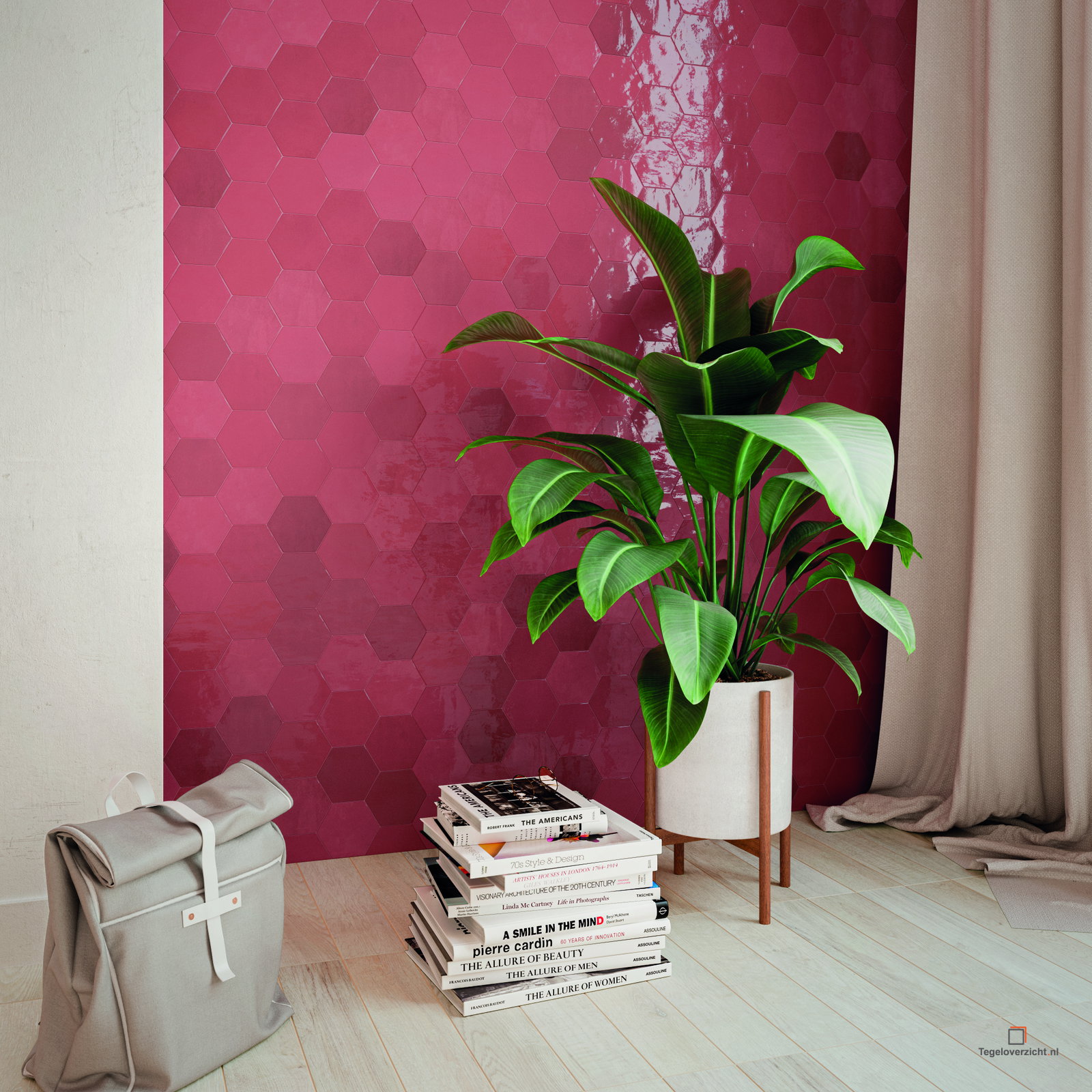 Frambozenroze hexagonwand met plant
