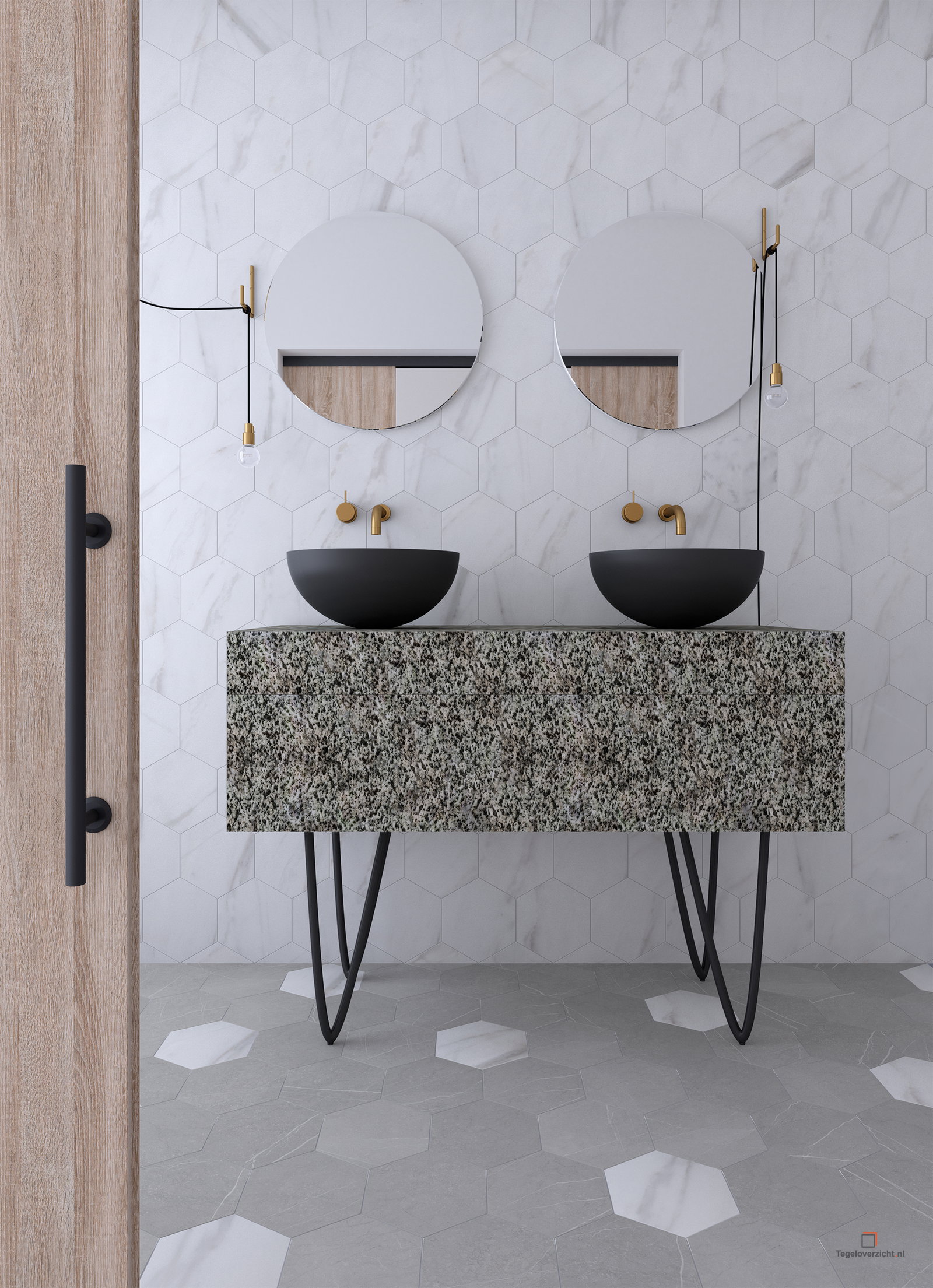 Terrazzo-hexagon wastafelmeubel met dubbele spiegel