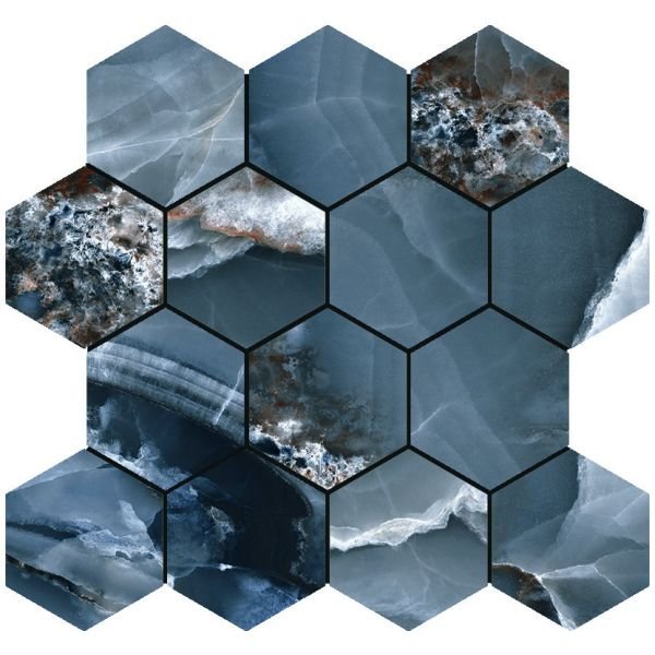 Baldocer Cerámica Onyx Bleu polished mozaiek hexagon op net van 29x27cm