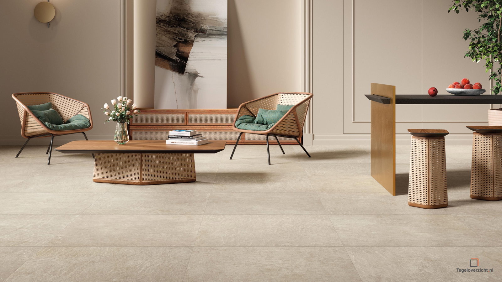 Natuursteenlook garagetegels in een moderne woonkamer