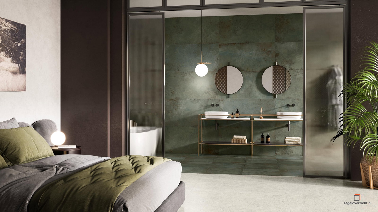 Slaapkamer-badkamer met groene wand