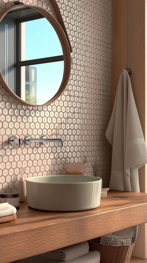 Roze mini-hexagon wand met houten wastafelblad en ronde spiegel