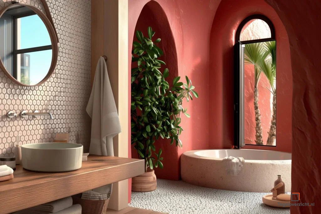 Mediterrane badkamer in rood en roze met mozaïekvloer