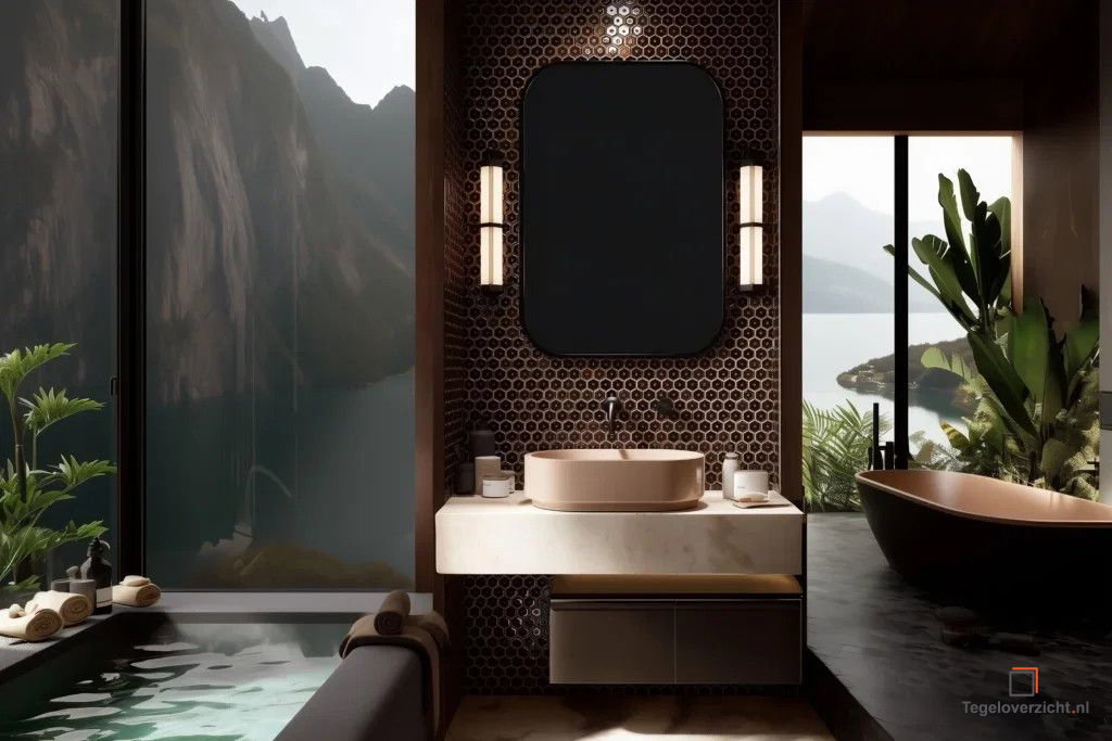 Badkamer met donkere hexagon-mozaïekwand en uitzicht op bergen