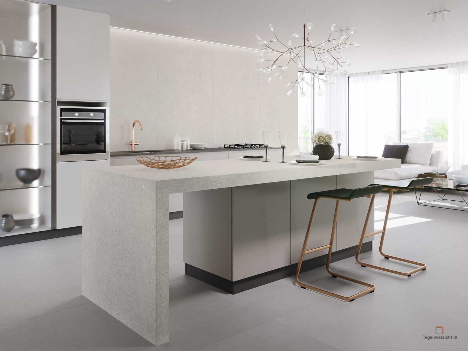 Minimalistische witte keuken met kookeiland